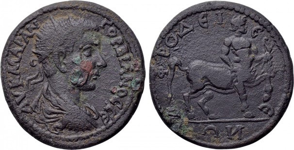 O centauro Quíron retratado em moeda do imperador romano Gordiano III.