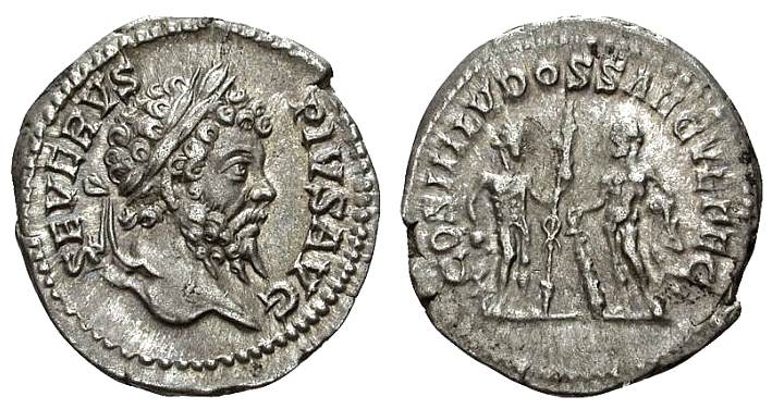 Denário de prata antigo do imperador romano Sétimo Severo.