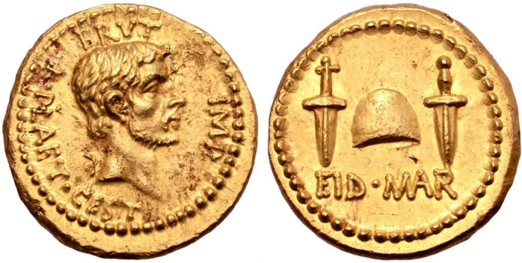 Áureo de ouro Eid Mar cunhado pelo assassino de Júlio César.