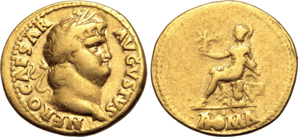 Moeda antiga romana de ouro do imperador Nero.