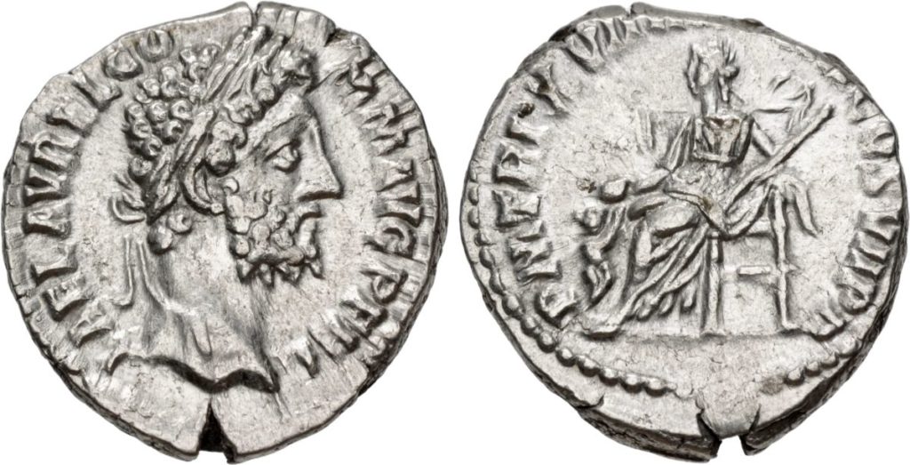 Moeda de prata cunhada durante o reinado de Cômodo, imperador romano.