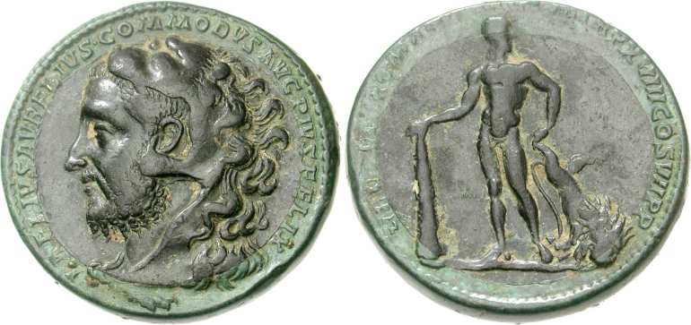 Medalhão do imperador Cômodo retratado como o herói Hércules.