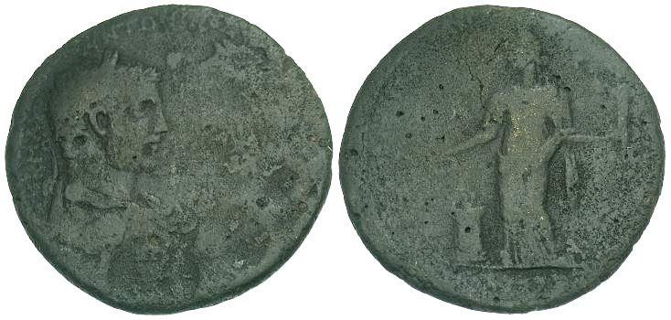 Moeda do imperador romano Caracala em que Geta foi intencionalmente apagado.