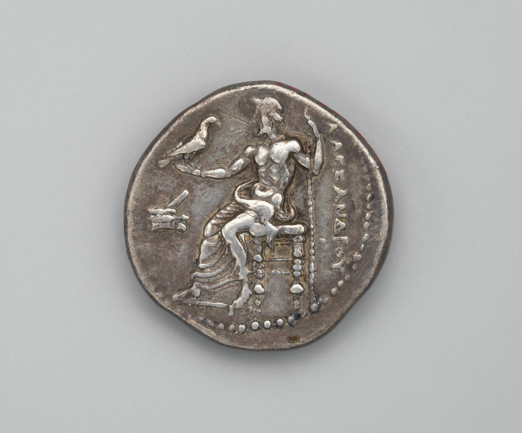 Deus Zeus em reverso de moeda de prata de Alexandre, o Grande.