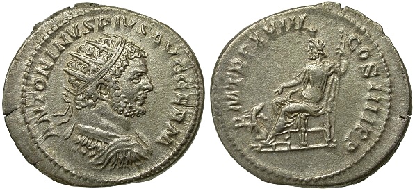Antoniniano do imperador Caracala que traz Plutão, o equivalente ao grego Hades, deus do Submundo no reverso.