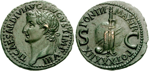 Moeda do imperador Tibério cunhada no fim de seu reinado.