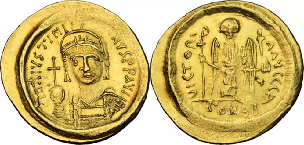 Um dos maiores imperadores bizantinos, Justiniano I, representado em moeda de ouro.