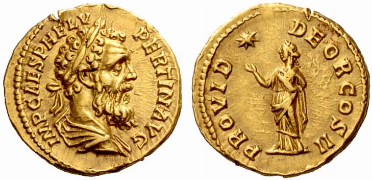 Áureo de Pertinax, anverso com cabeça laureada do imperador, reverso tem Providência à esquerda, a mão direita levantada abaixo da estrela