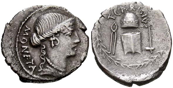 Juno Moneta em moeda antiga da época de Júlio César.