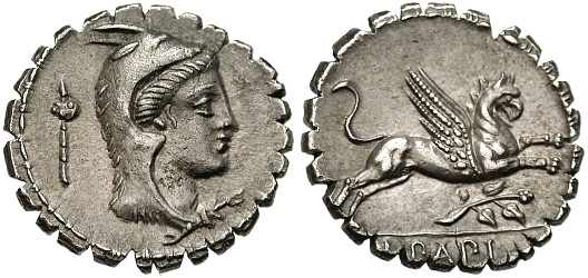 Denário romano que mostra a deusa Juno Sospita no anverso.