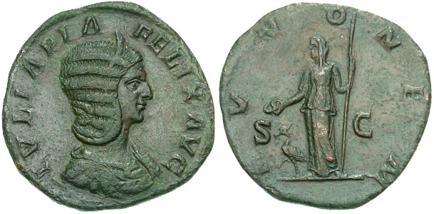 Sestércio romano da imperatriz Julia Domna que traz a deusa Juno com pavão aos pés.