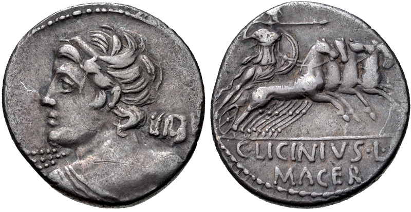 Fantástico Denário de Prata da República Romana por Licinius Macer