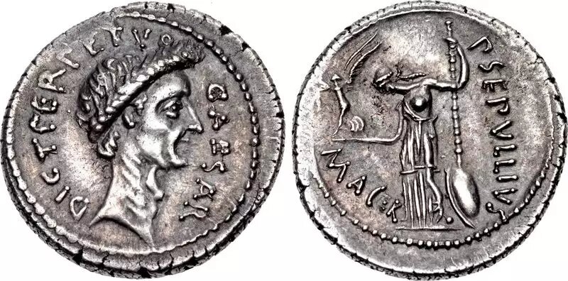 Denário de Júlio César datado de 44 a.C., no qual ele exibe o título de Ditador Perpétuo