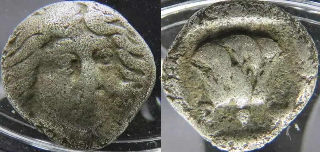 Diobol, moeda Grega de Prata (Fração) - Carian - Rhodes - 11mm,1,75g